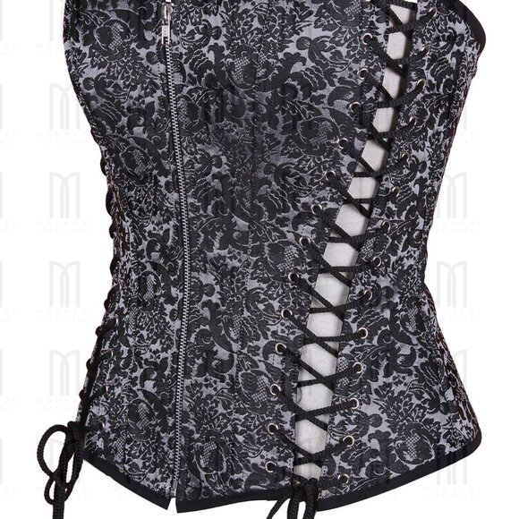 Fullbust RVS Brocade Corset with Satin Trims & Lacing Side Panels - Picture 2 of 3